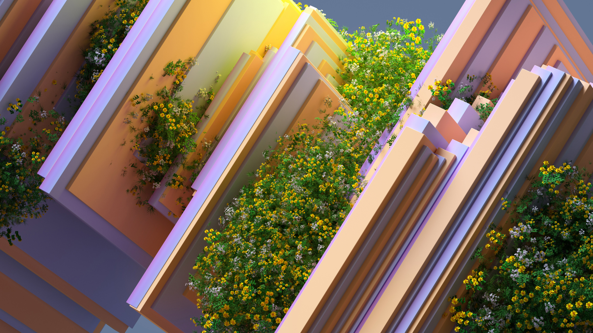 3D illustration of organic structure of square layers and plants